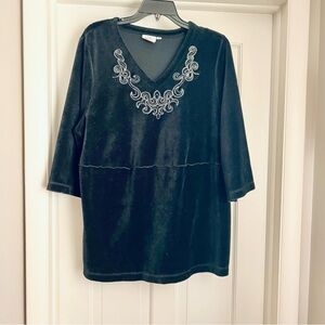 Hot Cotton Black Velvet V-Neck Top with Silver Embellishment
